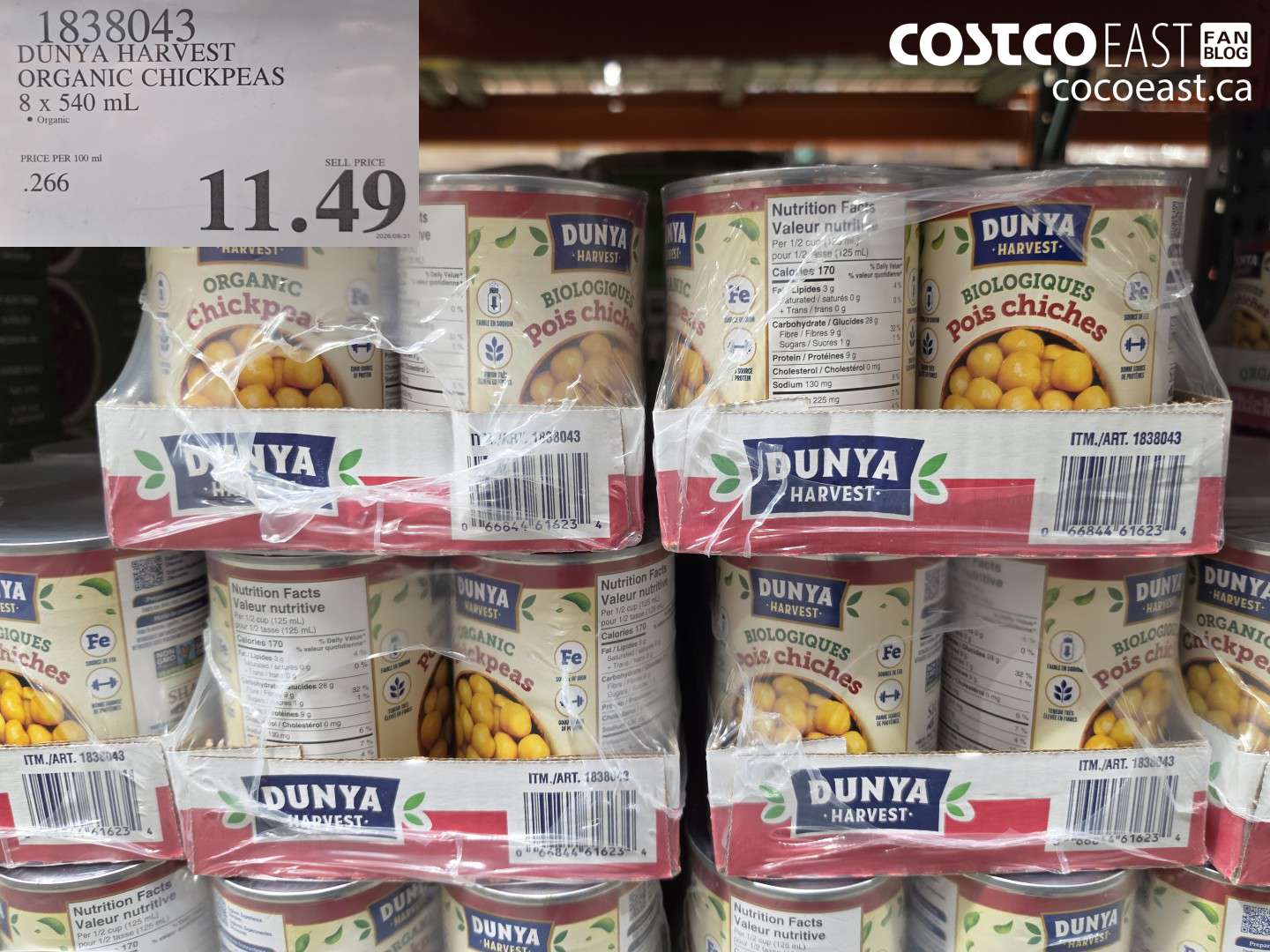 1838043 DUNYA HARVEST ORGANIC CHICKPEAS 8 X 540 ML $11.49