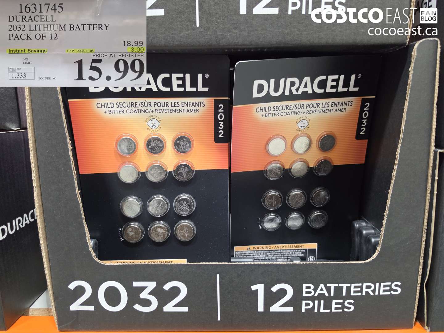 1631745 DURACELL 2032 LITHIUM BATTERY PACK OF 12 ($3.00 INSTANT SAVINGS EXPIRES ON 2026-11-08) $15.99
