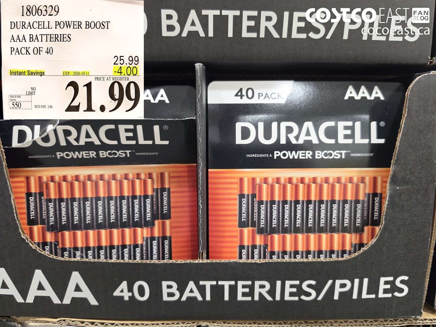 1806329 DURACELL POWER BOOST AAA BATTERIES PACK OF 40 ($4.00 INSTANT SAVINGS EXPIRES ON 2026-10-11) $21.99