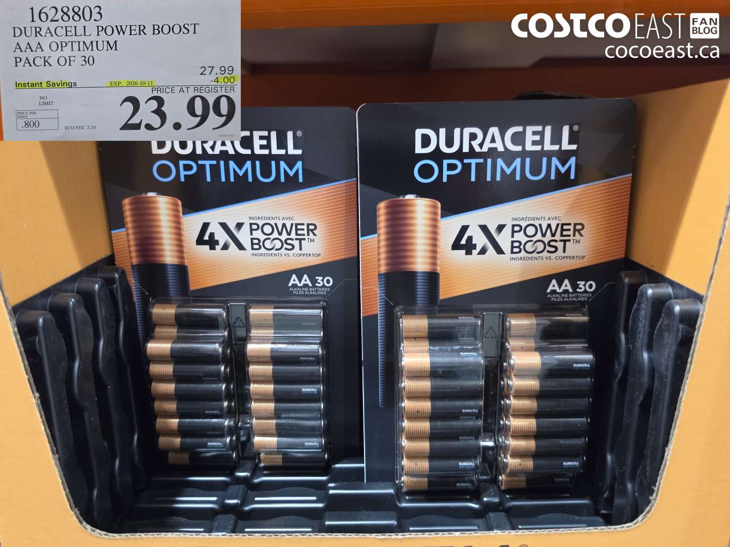1628803 DURACELL POWER BOOST AAA OPTIMUM PACK OF 30 ($4.00 INSTANT SAVINGS EXPIRES ON 2026-10-11) $23.99