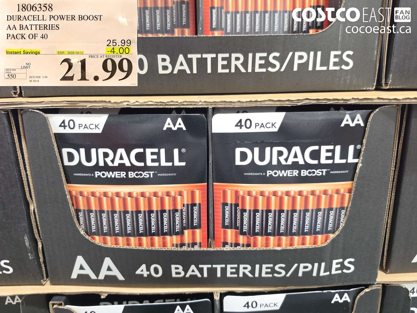 1806358 DURACELL POWER BOOST AA BATTERIES PACK OF 40 ($4.00 INSTANT SAVINGS EXPIRES ON 2026-10-11) $21.99