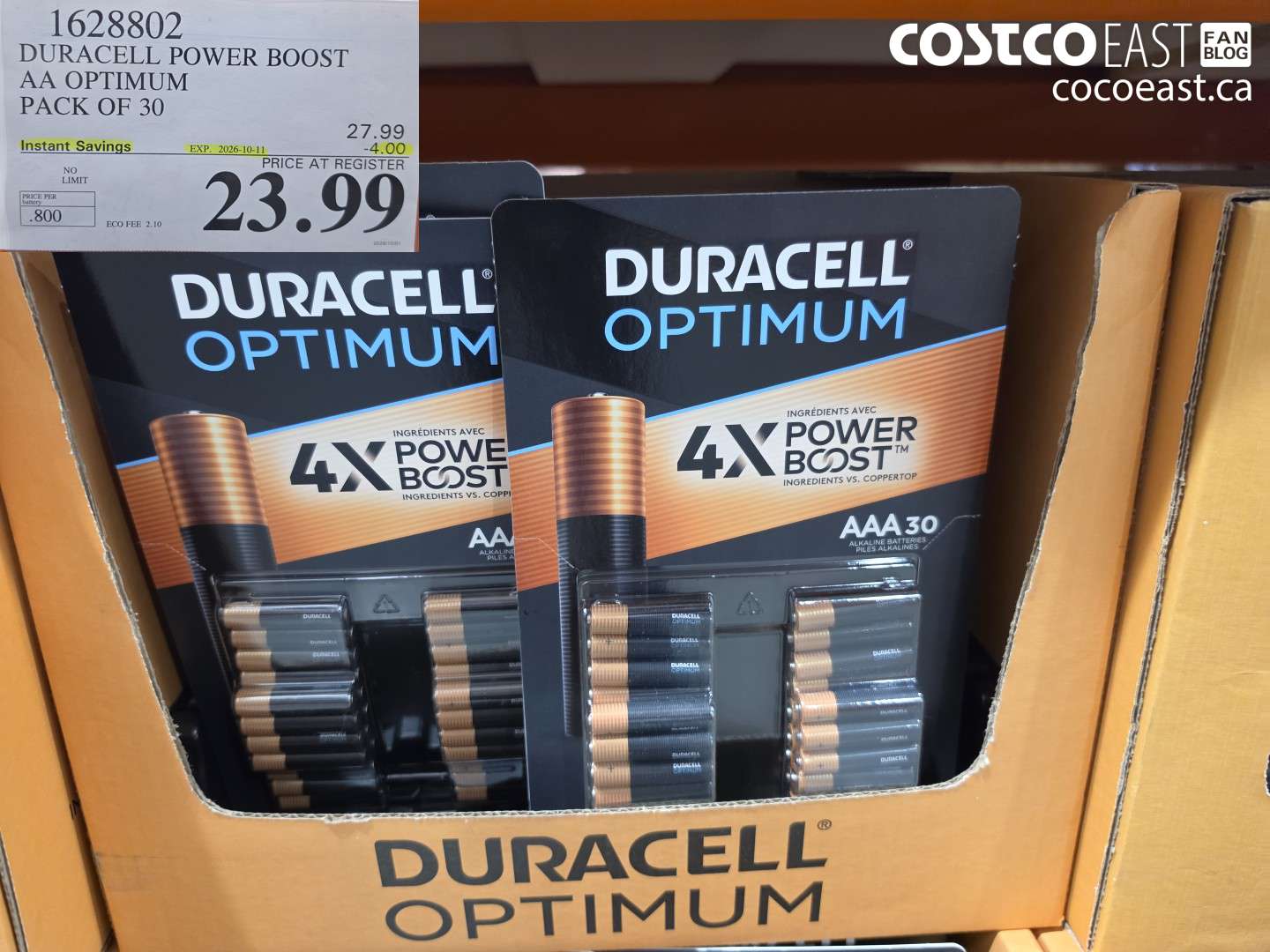 1628802 DURACELL POWER BOOST AA OPTIMUM PACK OF 30 ($4.00 INSTANT SAVINGS EXPIRES ON 2026-10-11) $23.99