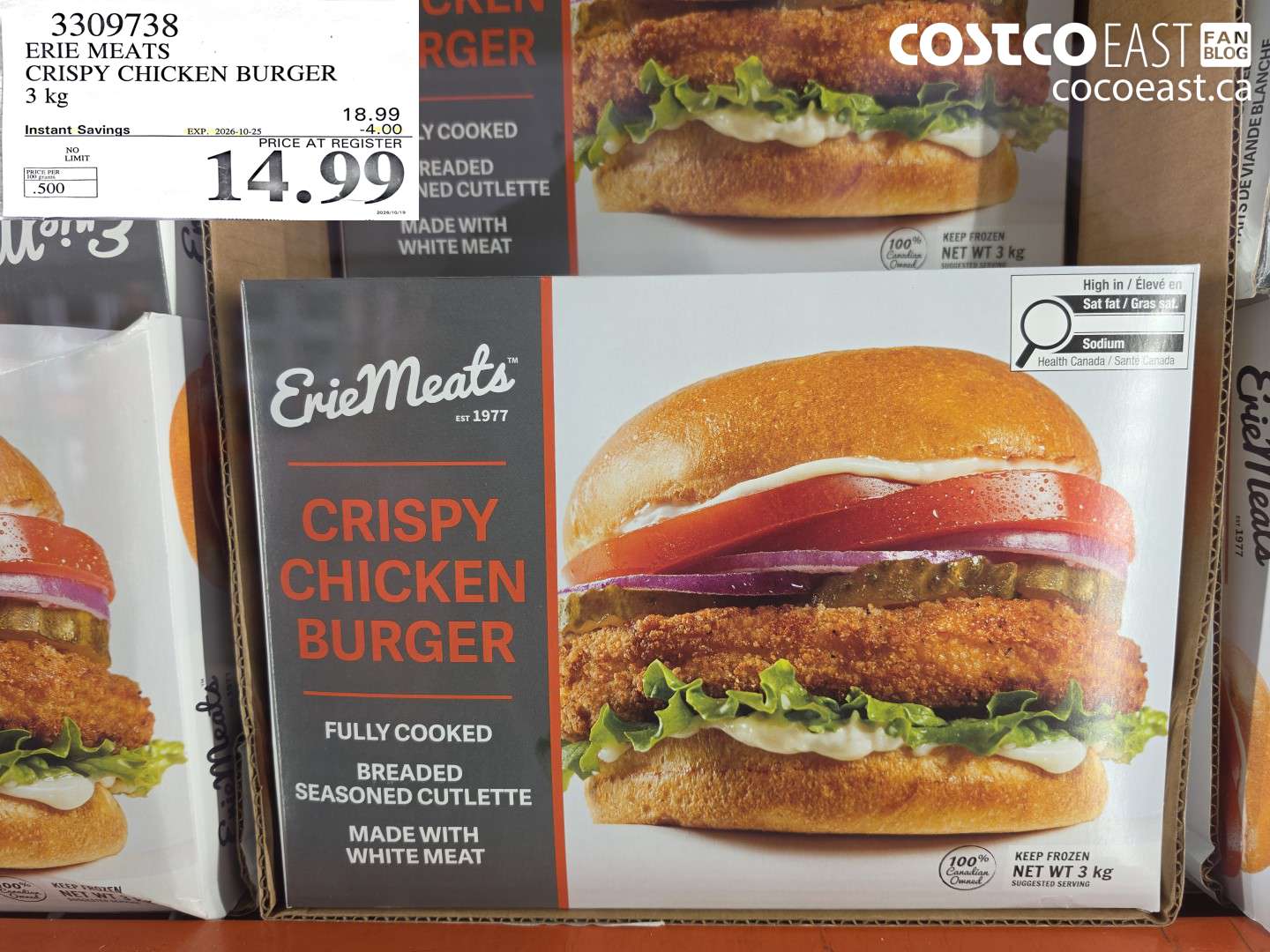 3309738 ERIE MEATS CRISPY CHICKEN BURGER 3 KG ($4.00 INSTANT SAVINGS EXPIRES ON 2026-10-25) $14.99