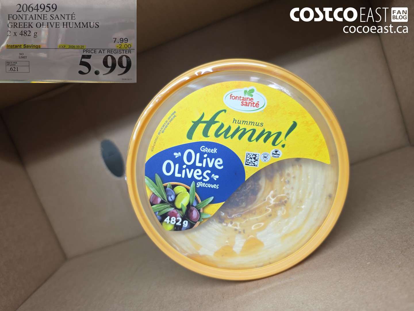 2064959 FONTAINE SANTÉ GREEK OLIVE HUMMUS 2 X 482 G ($2.00 INSTANT SAVINGS EXPIRES ON 2026-10-25) $5.99