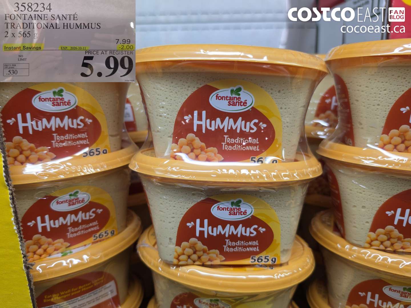358234 FONTAINE SANTÉ TRADITIONAL HUMMUS 2 X 565 G ($2.00 INSTANT SAVINGS EXPIRES ON 2026-10-11) $5.99