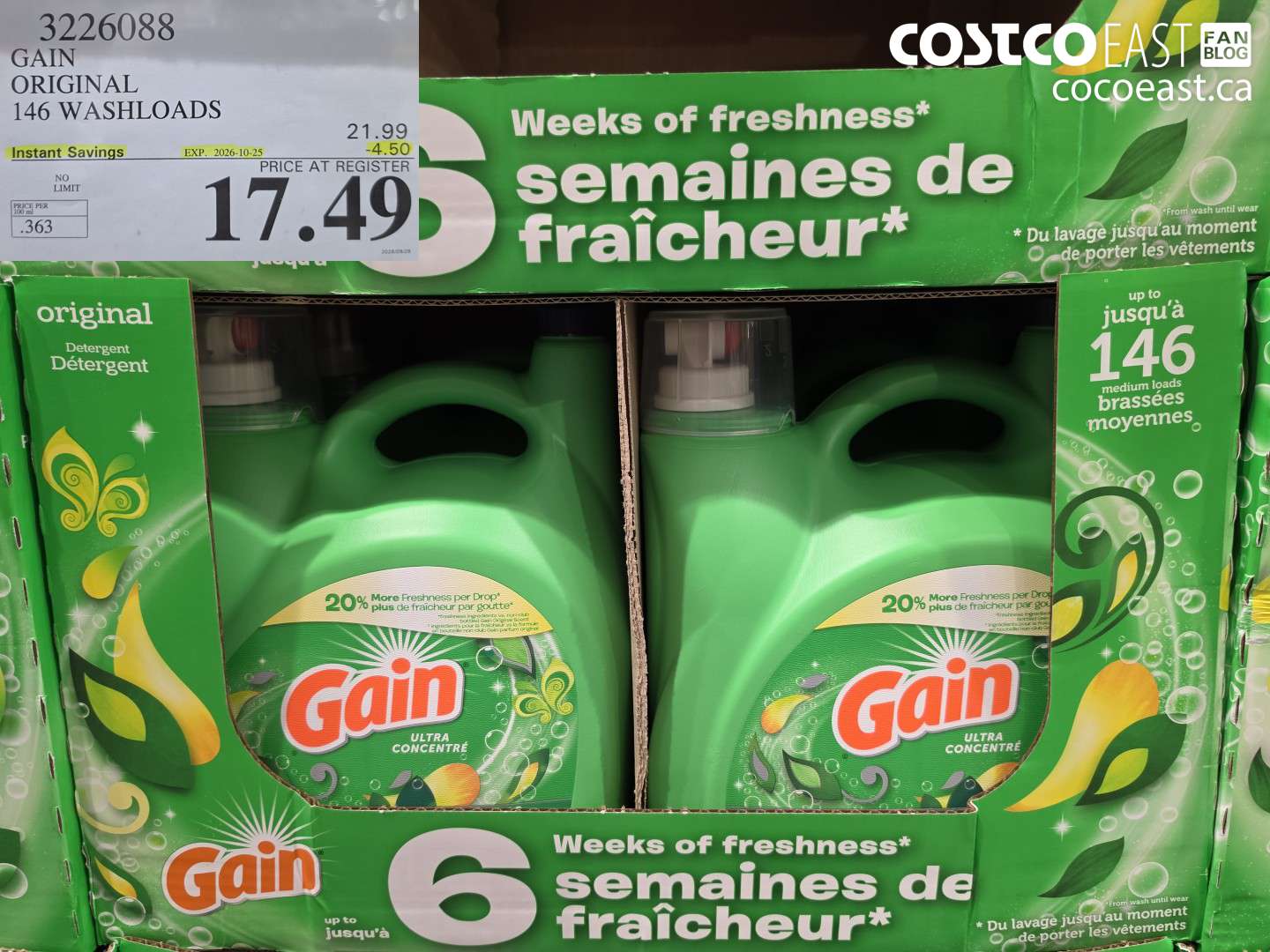 3226088 GAIN ORIGINAL 146 WASHLOADS ($4.50 INSTANT SAVINGS EXPIRES ON 2026-10-25) $17.49