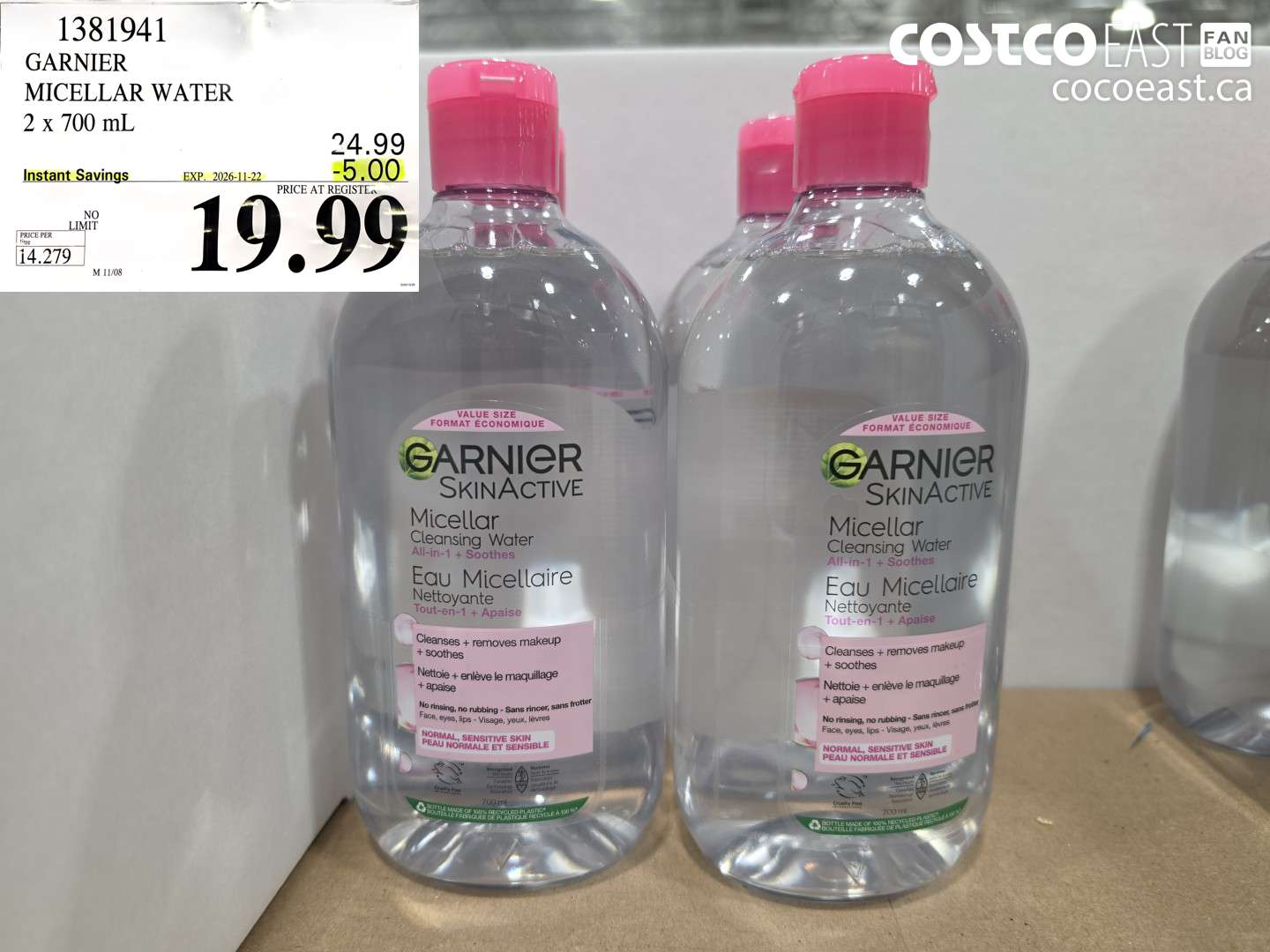 1381941 GARNIER MICELLAR WATER 2 X 700 ML ($5.00 INSTANT SAVINGS EXPIRES ON 2026-11-22) $19.99