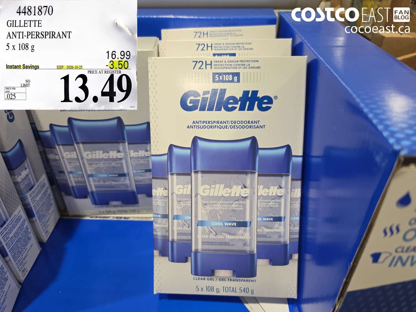 4481870 GILLETTE ANTI-PERSPIRANT 5 X 108 G ($3.50 INSTANT SAVINGS EXPIRES ON 2026-10-25) $13.49