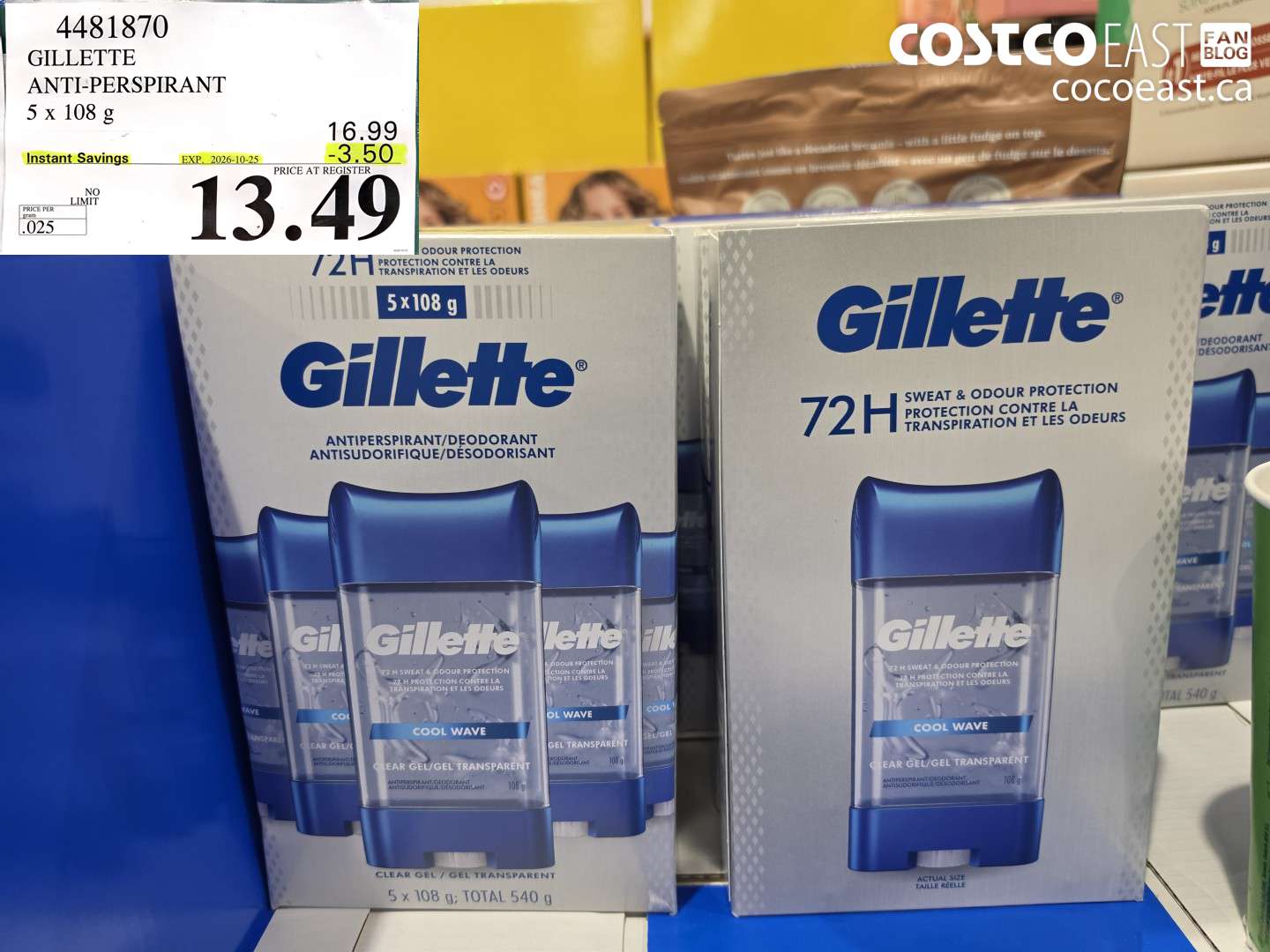 4481870 GILLETTE ANTI-PERSPIRANT 5 X 108 G ($3.50 INSTANT SAVINGS EXPIRES ON 2026-10-25) $13.49