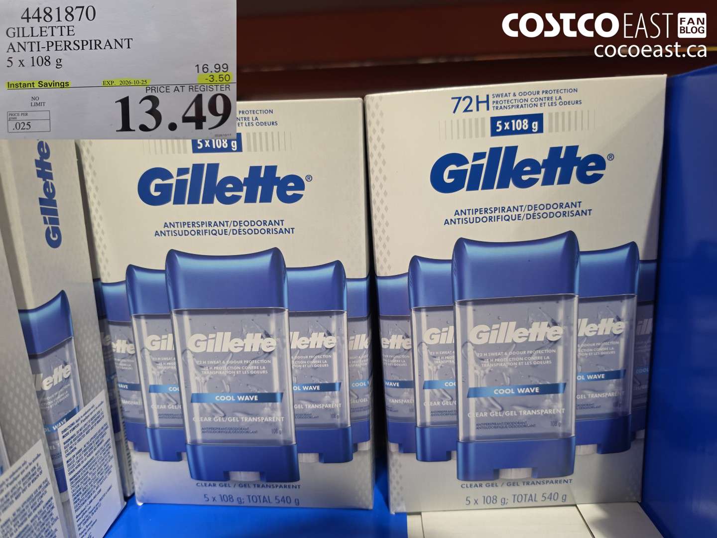 4481870 GILLETTE ANTI-PERSPIRANT 5 X 108 G ($3.50 INSTANT SAVINGS EXPIRES ON 2026-10-25) $13.49