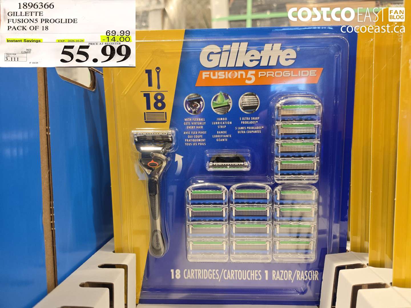 1896366 GILLETTE FUSION5 PROGLIDE PACK OF 18 ($14.00 INSTANT SAVINGS EXPIRES ON 2026-10-25) $55.99