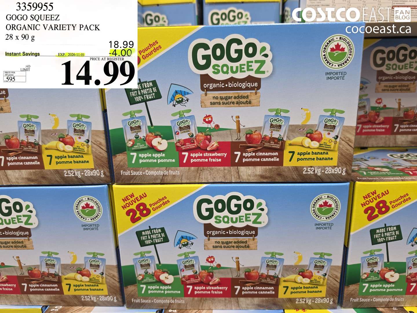 3359955 GOGO SQUEEZ ORGANIC VARIETY PACK 28 X 90 G ($4.00 INSTANT SAVINGS EXPIRES ON 2026-11-01) $14.99