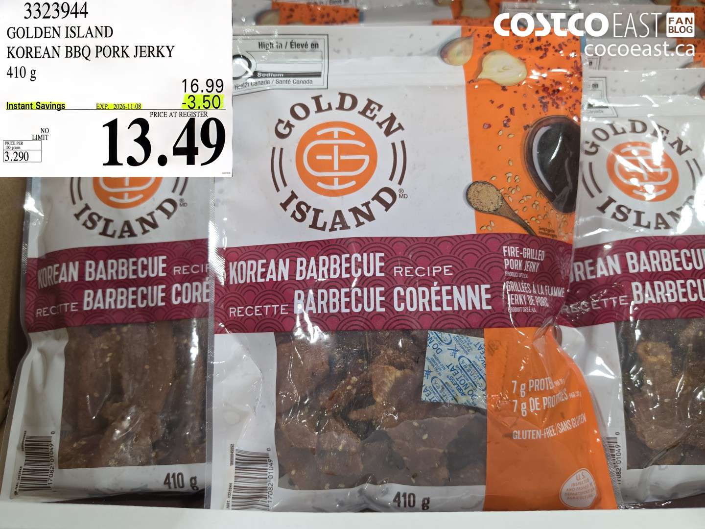3323944 GOLDEN ISLAND KOREAN BBQ PORK JERKY 410 G ($3.50 INSTANT SAVINGS EXPIRES ON 2026-11-08) $13.49
