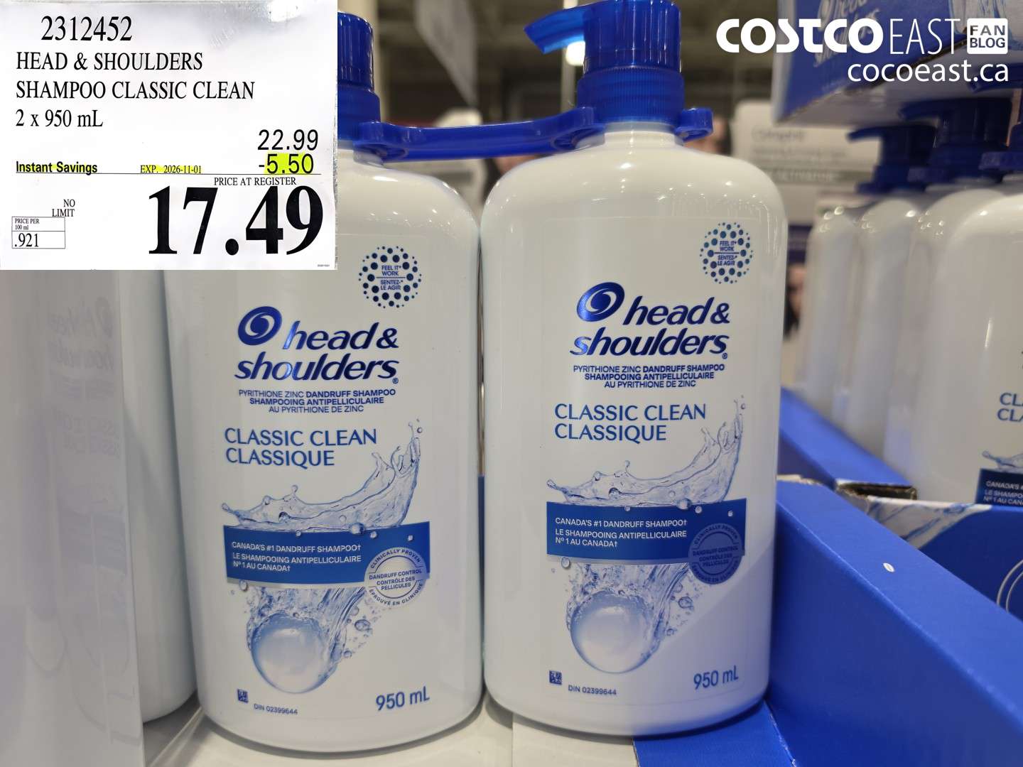 2312452 HEAD & SHOULDERS SHAMPOO CLASSIC CLEAN 2 X 950 ML ($5.50 INSTANT SAVINGS EXPIRES ON 2026-11-01) $17.49