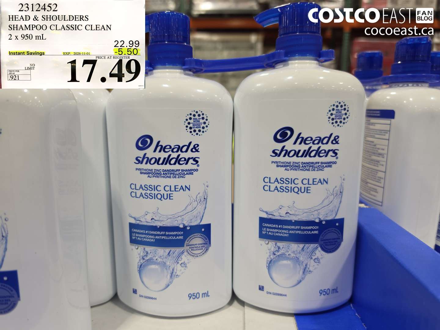 2312452 HEAD & SHOULDERS SHAMPOO CLASSIC CLEAN 2 X 950 ML ($5.50 INSTANT SAVINGS EXPIRES ON 2026-11-01) $17.49