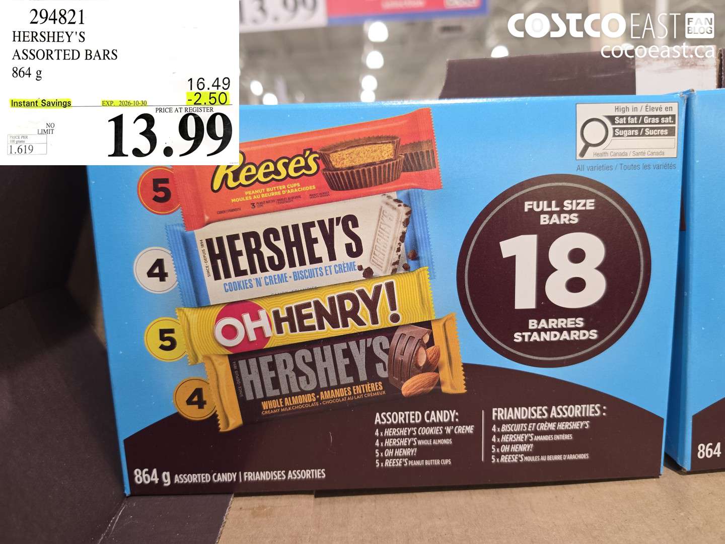 294821 HERSHEY'S ASSORTED BARS 864 G ($2.50 INSTANT SAVINGS EXPIRES ON 2026-10-30) $13.99