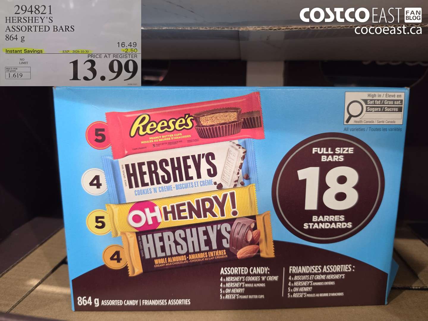 294821 HERSHEY'S ASSORTED BARS 864 G ($2.50 INSTANT SAVINGS EXPIRES ON 2026-10-30) $13.99