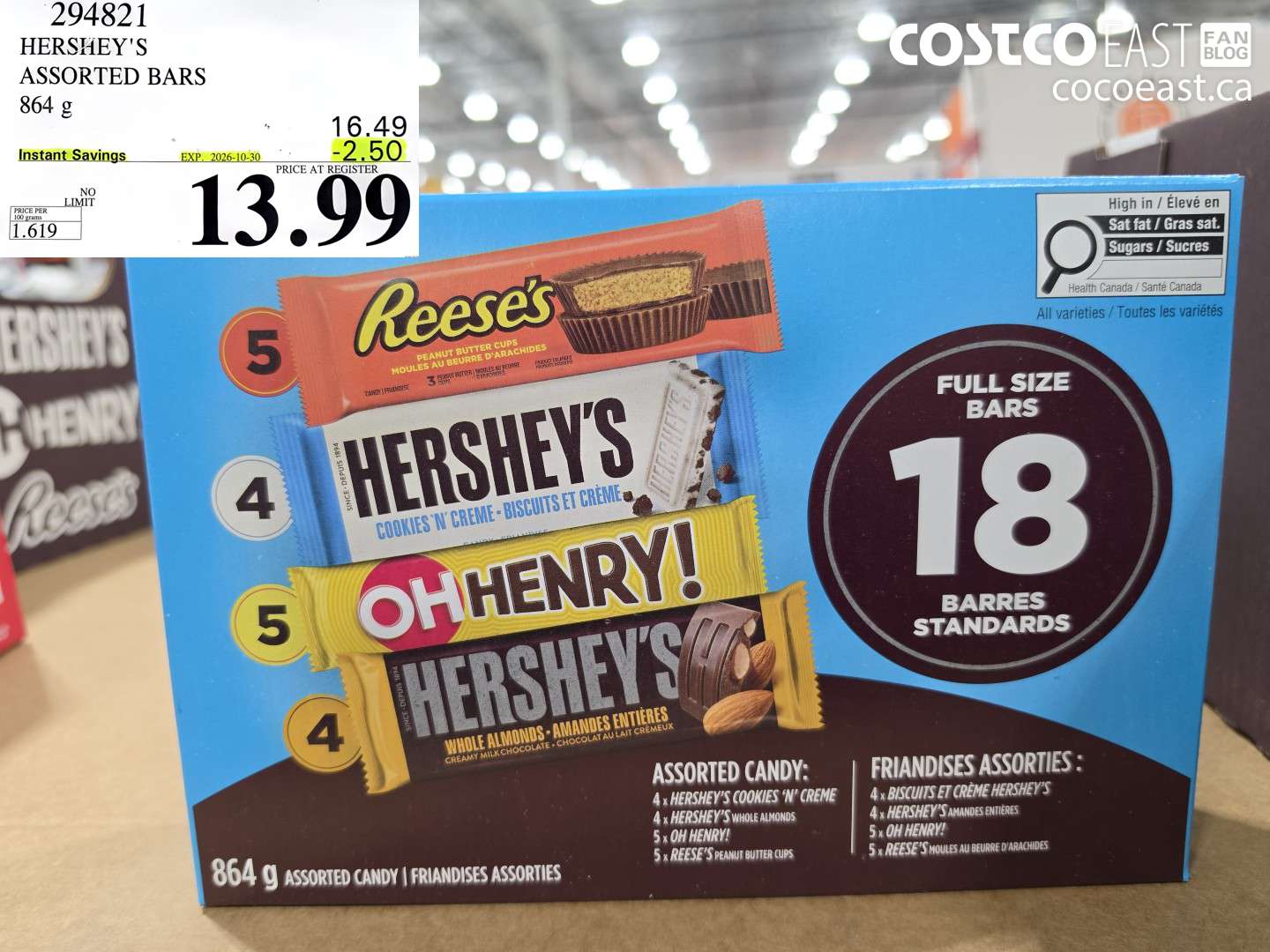 294821 HERSHEY'S ASSORTED BARS 864 G ($2.50 INSTANT SAVINGS EXPIRES ON 2026-10-30) $13.99