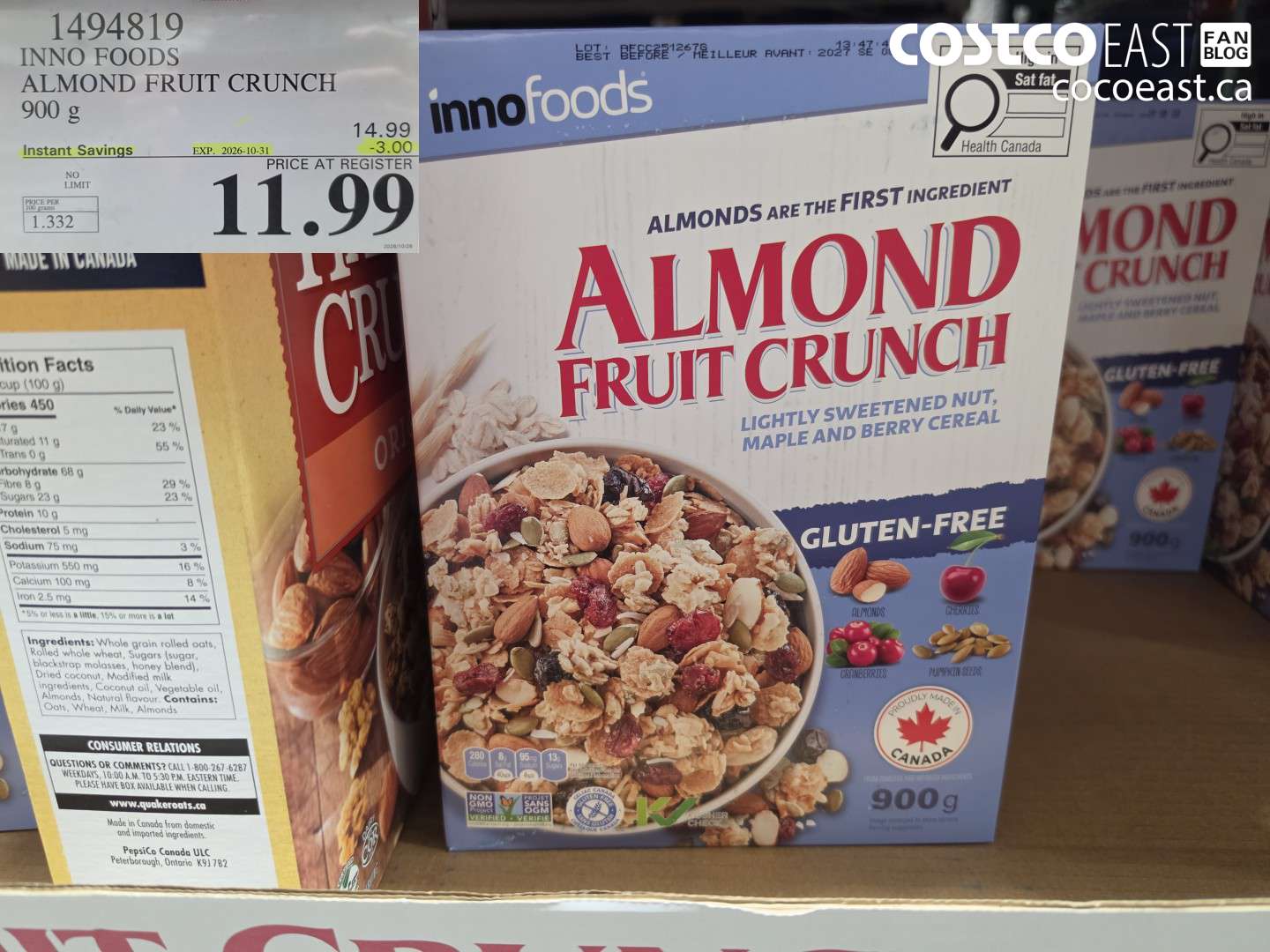 1494819 INNO FOODS ALMOND FRUIT CRUNCH 900 G ($3.00 INSTANT SAVINGS EXPIRES ON 2026-10-31) $11.99