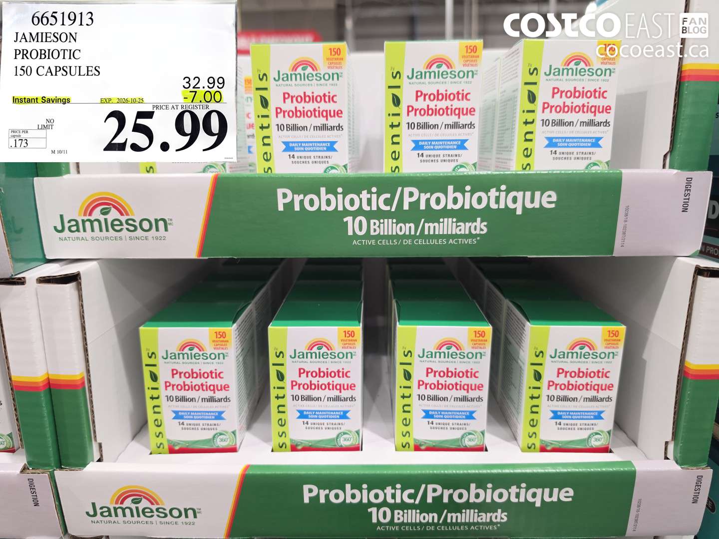 6651913 JAMIESON PROBIOTIC 150 CAPSULES ($7.00 INSTANT SAVINGS EXPIRES ON 2026-10-25) $25.99