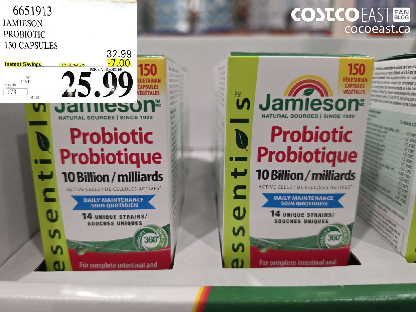 6651913 JAMIESON PROBIOTIC 150 CAPSULES ($7.00 INSTANT SAVINGS EXPIRES ON 2026-10-25) $25.99