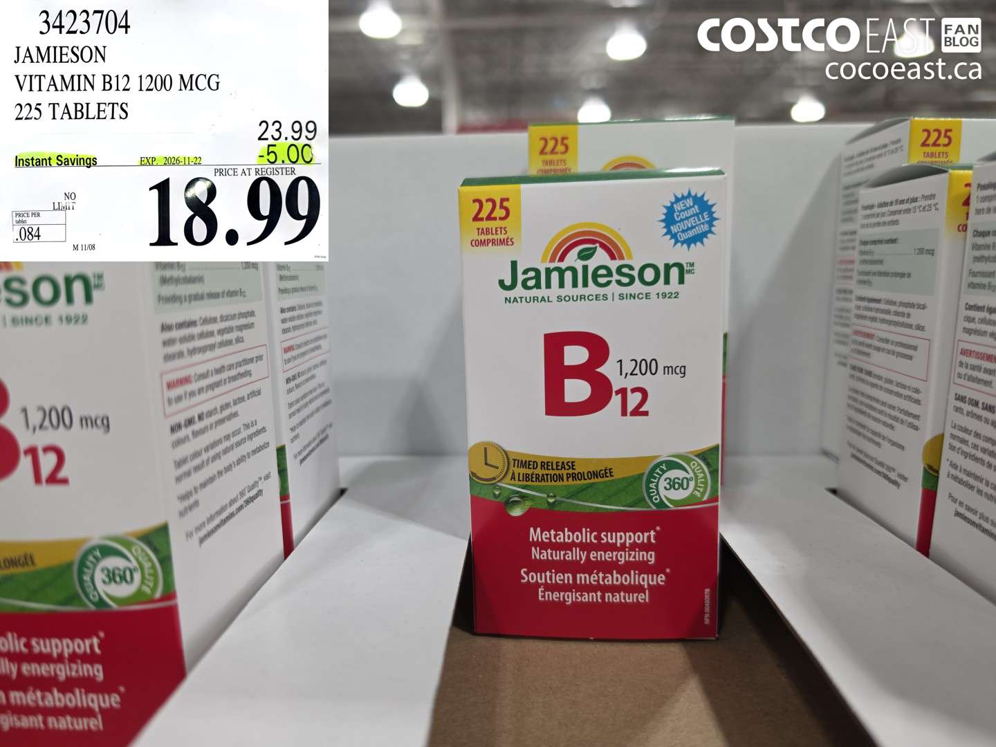 3423704 JAMIESON VITAMIN B12 1200 MCG 225 TABLETS ($5.00 INSTANT SAVINGS EXPIRES ON 2026-11-22) $18.99