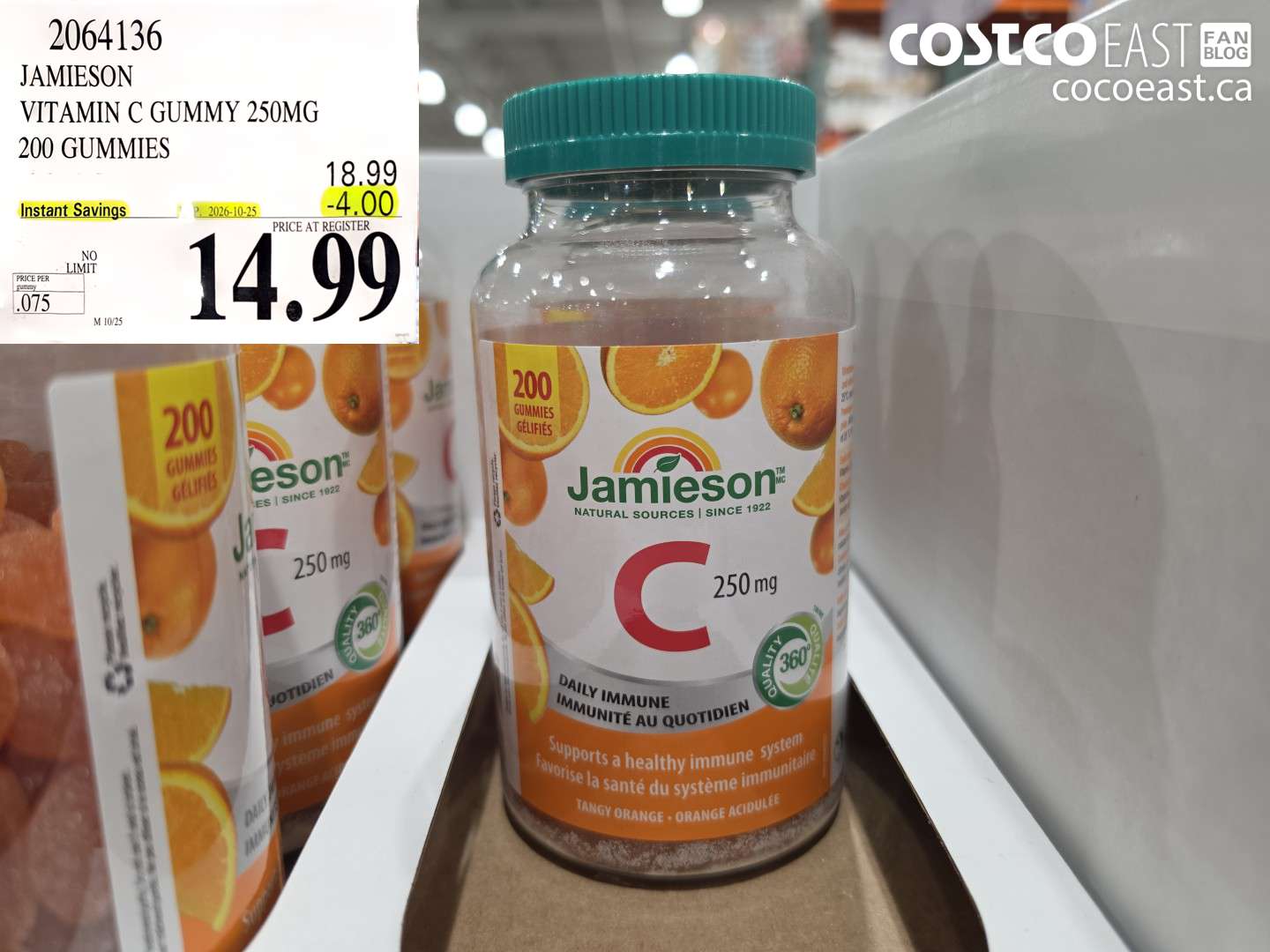 2064136 JAMIESON VITAMIN C GUMMY 250MG 200 GUMMIES ($4.00 INSTANT SAVINGS EXPIRES ON 2026-10-25) $14.99