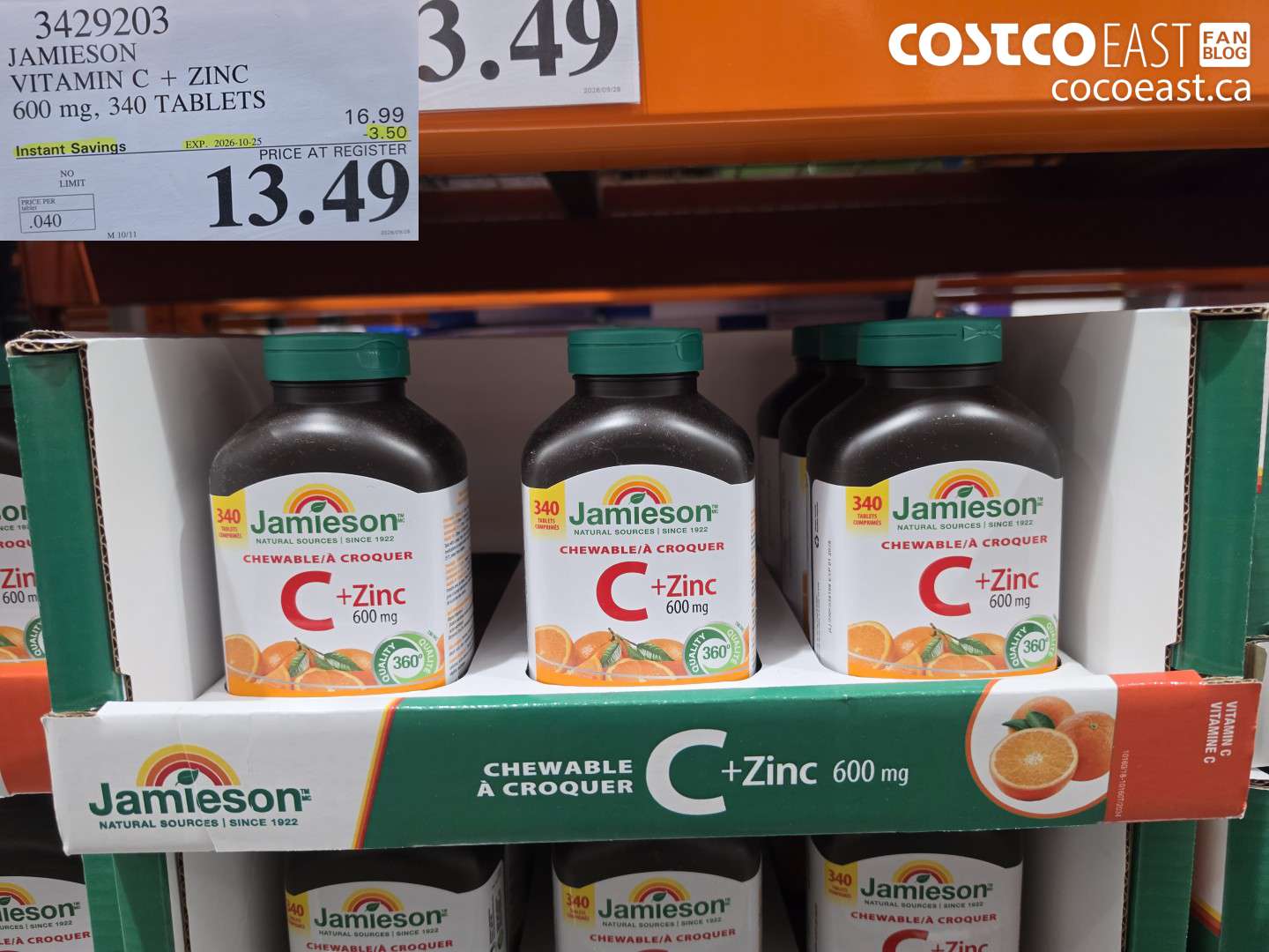 3429203 JAMIESON VITAMIN C + ZINC 600 MG, 340 TABLETS ($3.50 INSTANT SAVINGS EXPIRES ON 2026-10-25) $13.49