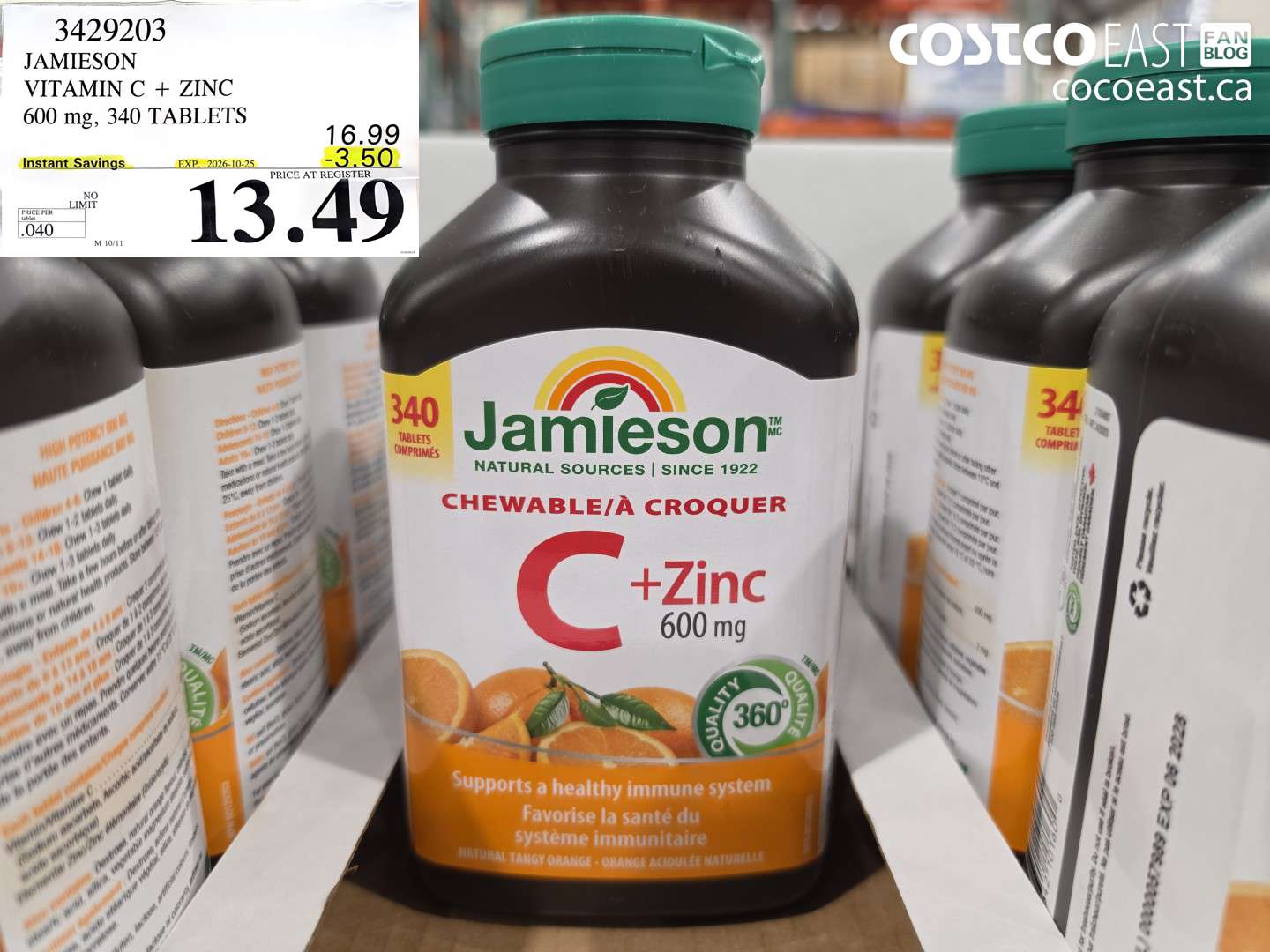 3429203 JAMIESON VITAMIN C + ZINC 600 MG, 340 TABLETS ($3.50 INSTANT SAVINGS EXPIRES ON 2026-10-25) $13.49