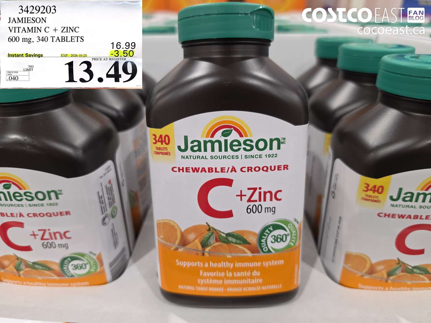 3429203 JAMIESON VITAMIN C + ZINC 600 MG, 340 TABLETS ($3.50 INSTANT SAVINGS EXPIRES ON 2026-10-25) $13.49