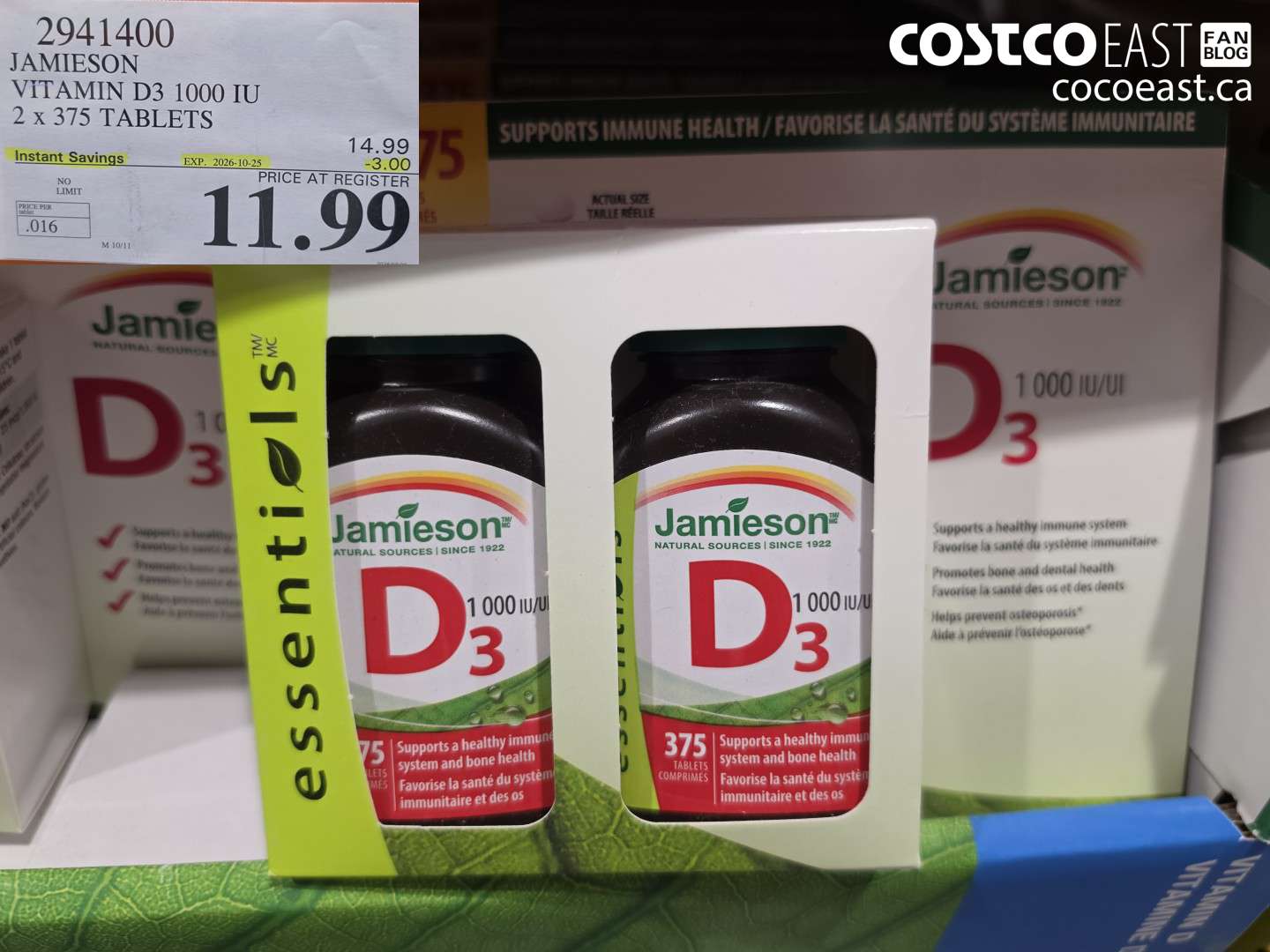 2941400 JAMIESON VITAMIN D3 1000 IU 2 X 375 TABLETS ($3.00 INSTANT SAVINGS EXPIRES ON 2026-10-25) $11.99