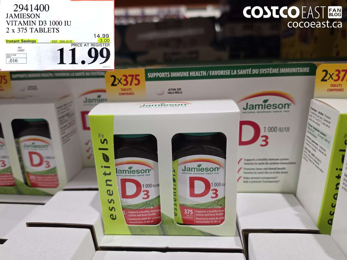 2941400 JAMIESON VITAMIN D3 1000 IU 2 X 375 TABLETS ($3.00 INSTANT SAVINGS EXPIRES ON 2026-10-25) $11.99