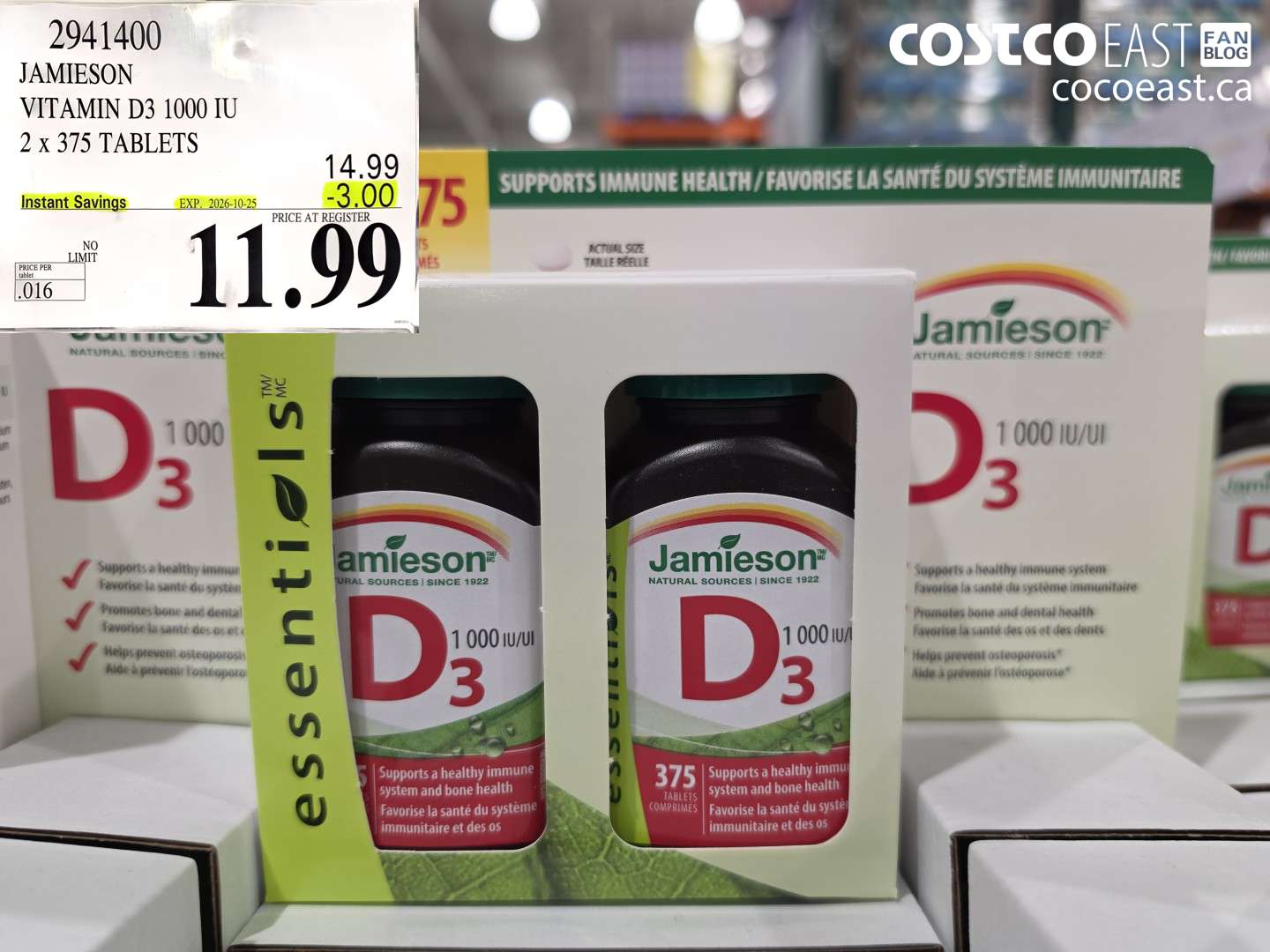 2941400 JAMIESON VITAMIN D3 1000 IU 2 X 375 TABLETS ($3.00 INSTANT SAVINGS EXPIRES ON 2026-10-25) $11.99