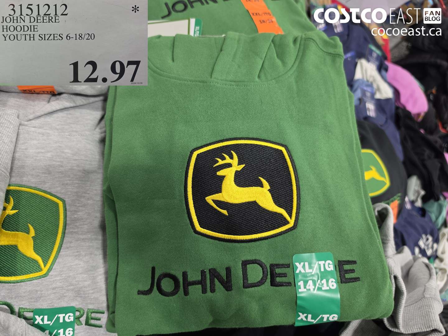 3151212 JOHN DEERE HOODIE YOUTH SIZES 6-18/20 $12.97