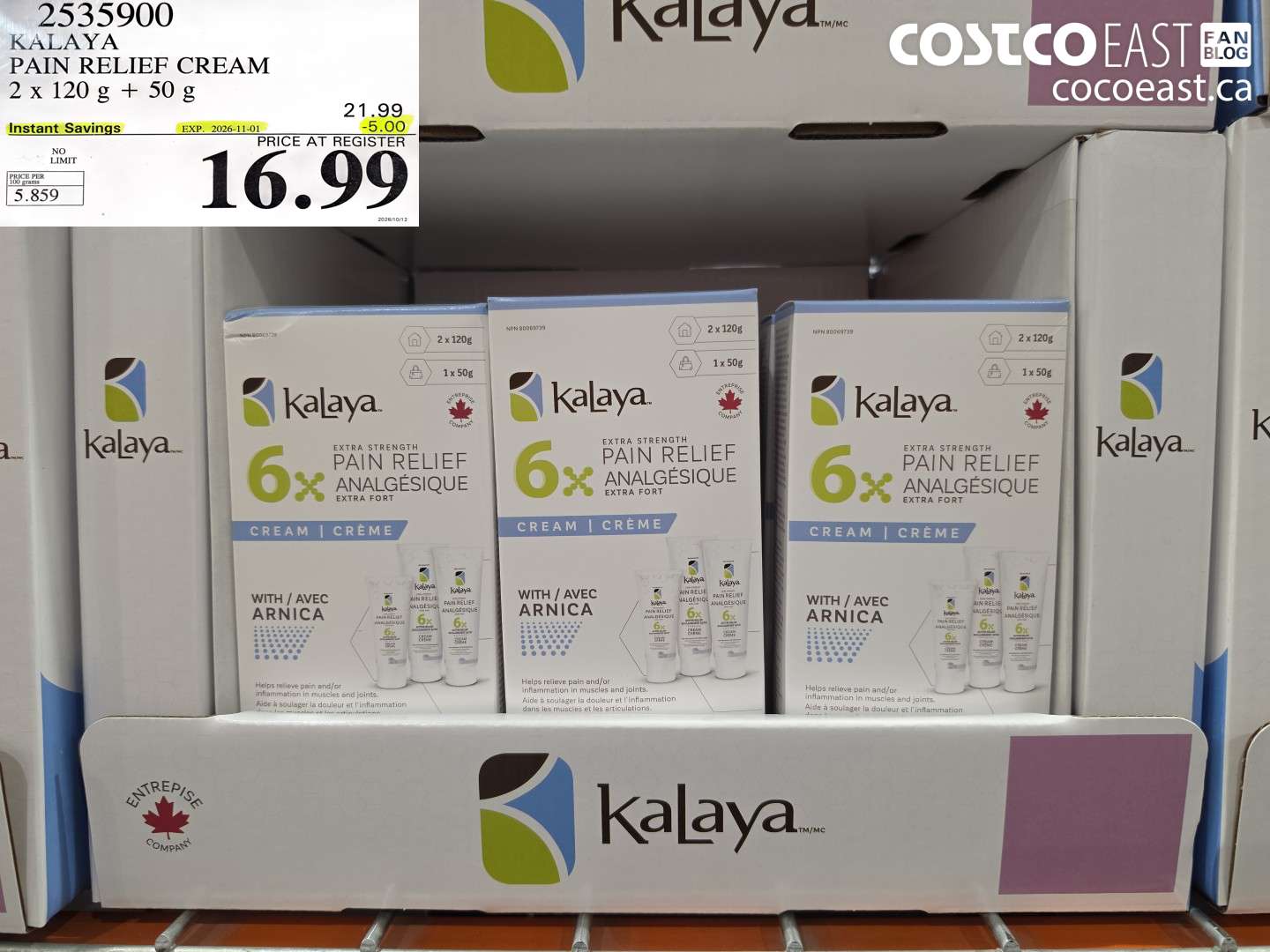 2535900 KALAYA PAIN RELIEF CREAM 2 X 120 G + 50 G ($5.00 INSTANT SAVINGS EXPIRES ON 2026-11-01) $16.99