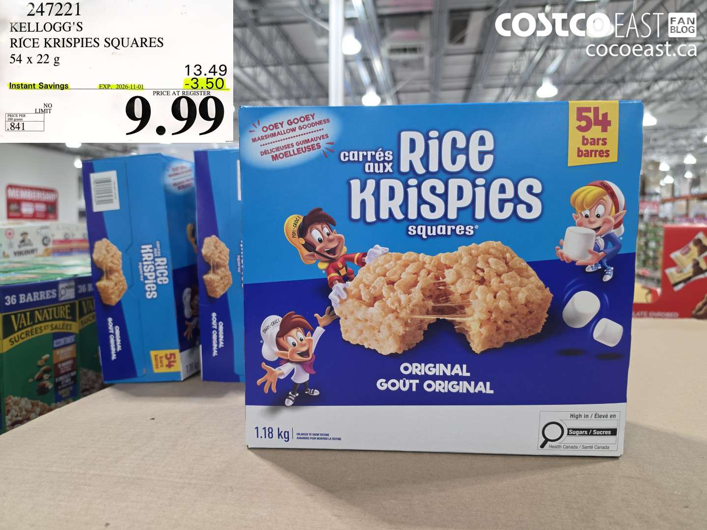 247221 KELLOGG'S RICE KRISPIES SQUARES 54 X 22 G ($3.50 INSTANT SAVINGS EXPIRES ON 2026-11-01) $9.99