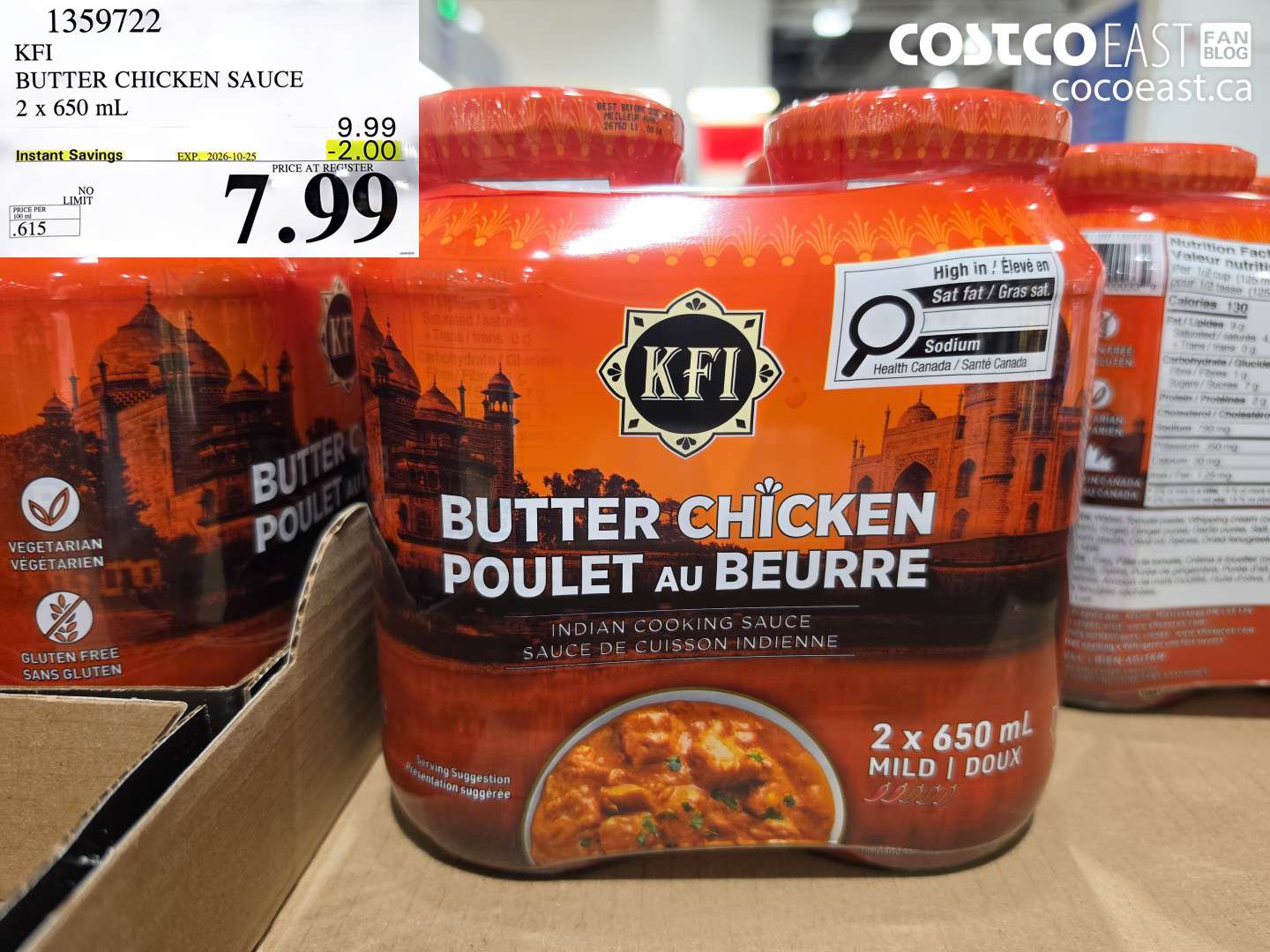 1359722 KFI BUTTER CHICKEN SAUCE 2 X 650 ML ($2.00 INSTANT SAVINGS EXPIRES ON 2026-10-25) $7.99