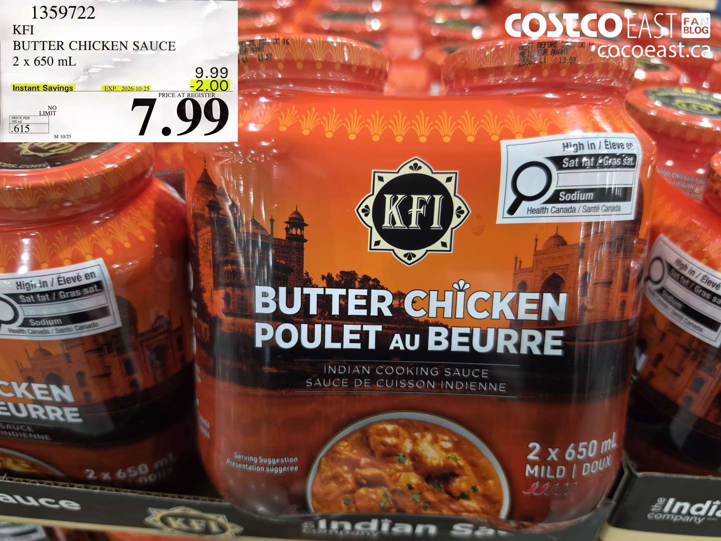 1359722 KFI BUTTER CHICKEN SAUCE 2 X 650 ML ($2.00 INSTANT SAVINGS EXPIRES ON 2026-10-25) $7.99