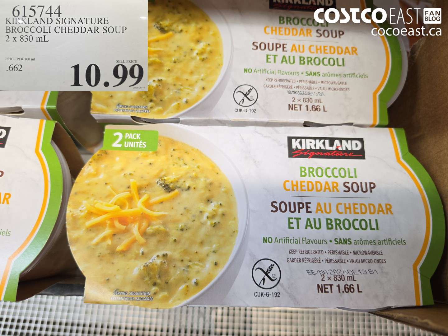 615744 KIRKLAND SIGNATURE BROCCOLI CHEDDAR SOUP 2 X 830 ML $10.99