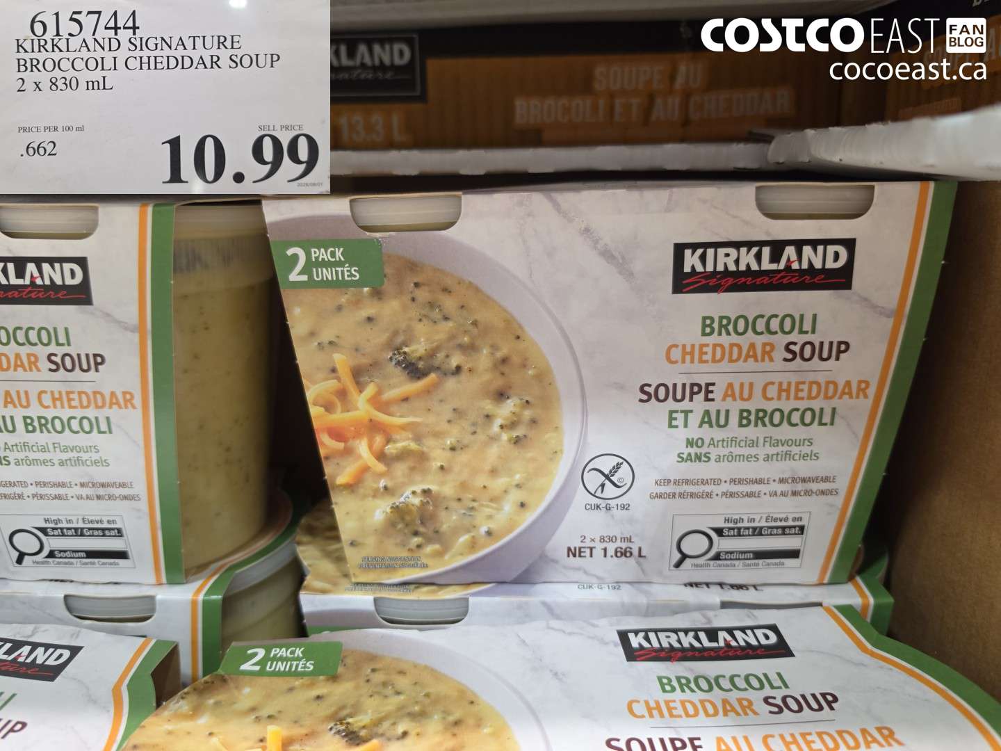 615744 KIRKLAND SIGNATURE BROCCOLI CHEDDAR SOUP 2 X 830 ML $10.99