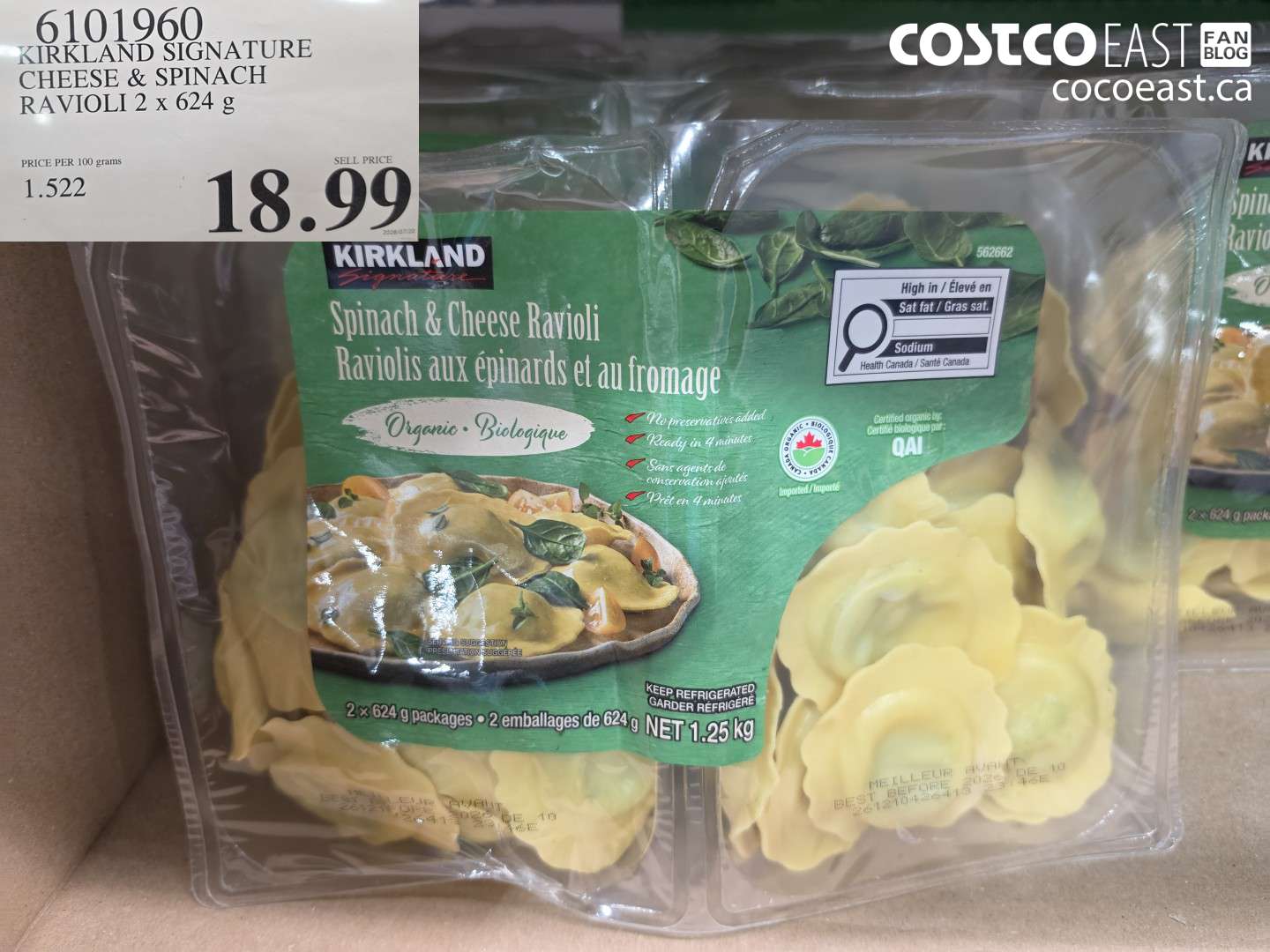 6101960 KIRKLAND SIGNATURE CHEESE & SPINACH RAVIOLI 2 X 624 G $18.99