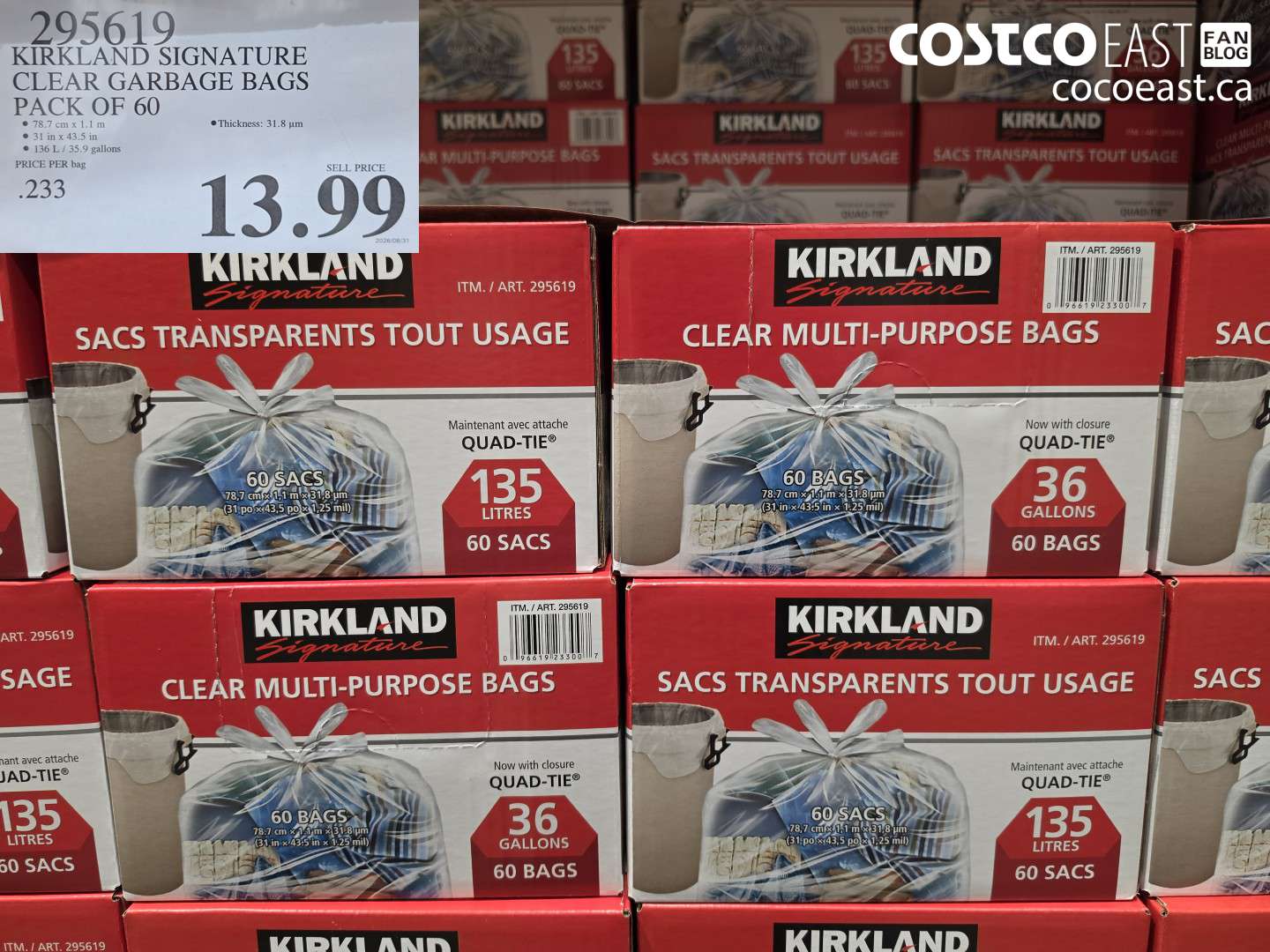 295619 KIRKLAND SIGNATURE CLEAR GARBAGE BAGS PACK OF 60 $13.99