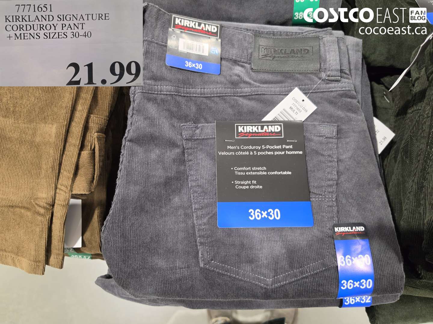 7771651 KIRKLAND SIGNATURE CORDUROY PANT MENS SIZES 30-40 $21.99