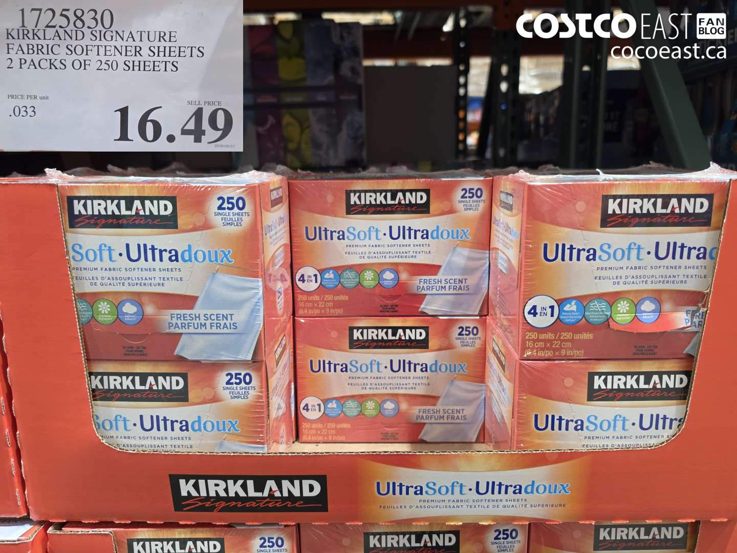 1725830 KIRKLAND SIGNATURE FABRIC SOFTENER SHEETS 2 PACKS OF 250 SHEETS $16.49