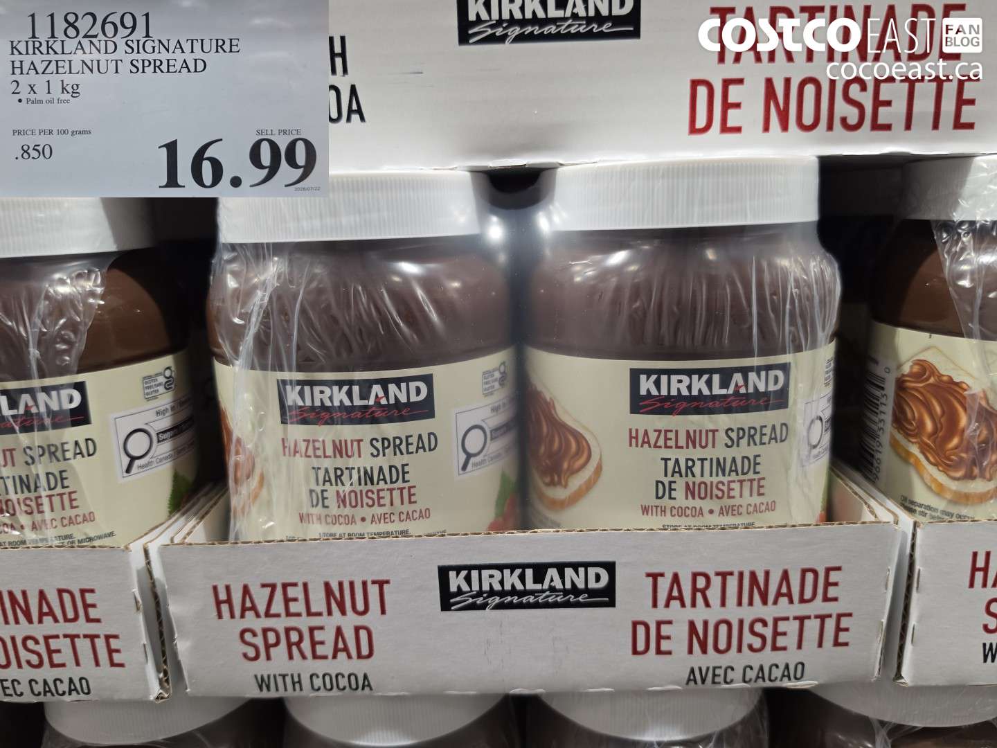 1182691 KIRKLAND SIGNATURE HAZELNUT SPREAD 2 X 1 KG $16.99