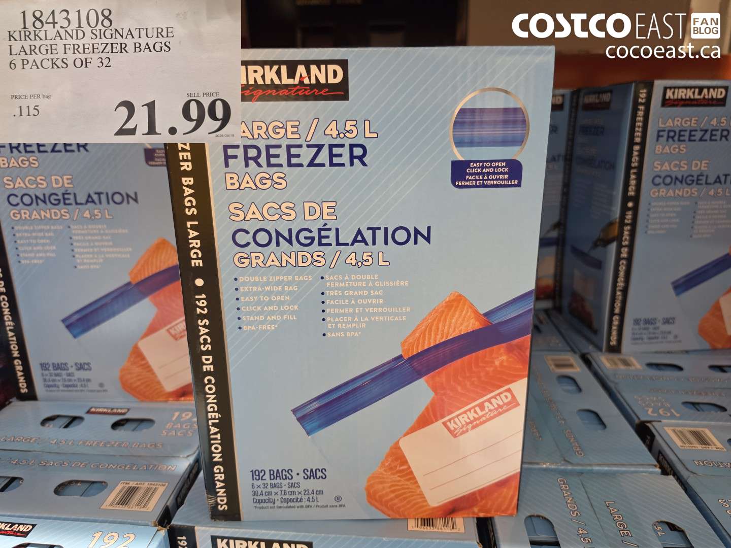 1843108 KIRKLAND SIGNATURE LARGE FREEZER BAGS 6 PACKS OF 32 $21.99