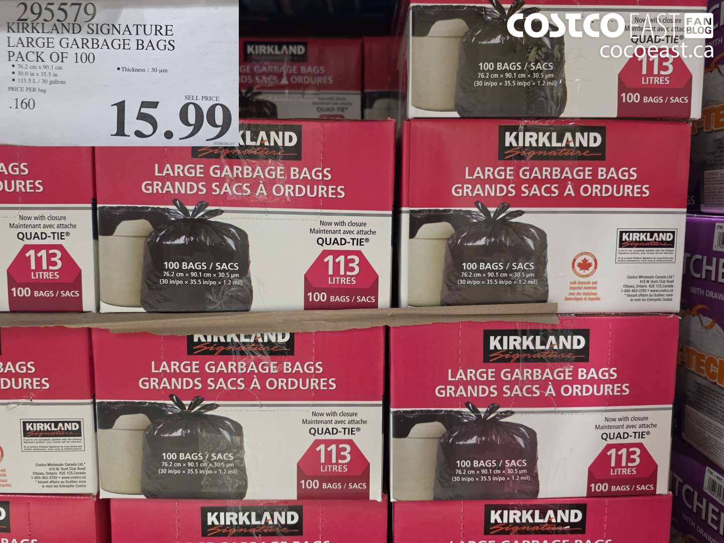 295579 KIRKLAND SIGNATURE LARGE GARBAGE BAGS PACK OF 100 $15.99