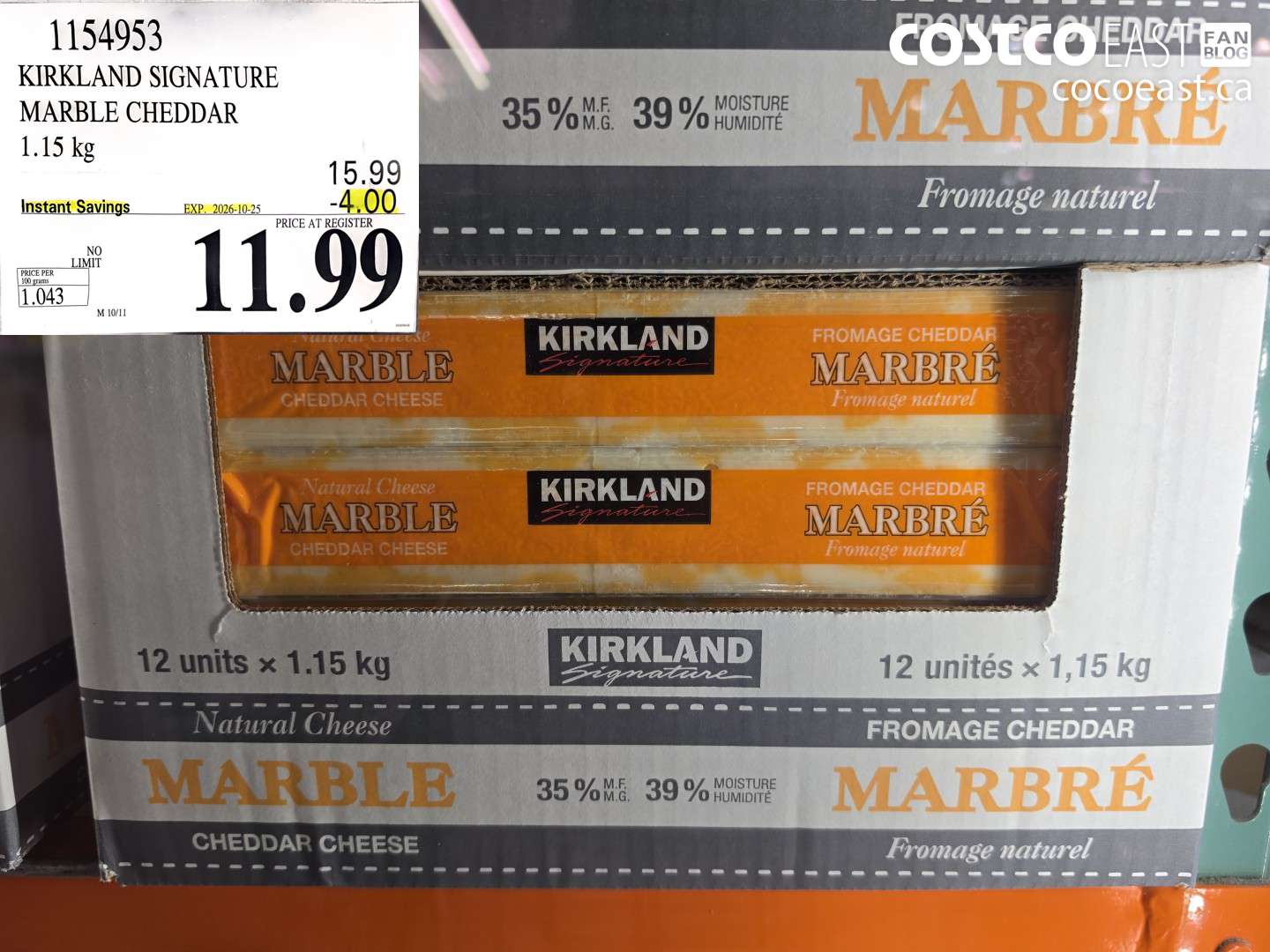 1154953 KIRKLAND SIGNATURE MARBLE CHEDDAR 1.15 KG ($4.00 INSTANT SAVINGS EXPIRES ON 2026-10-25) $11.99