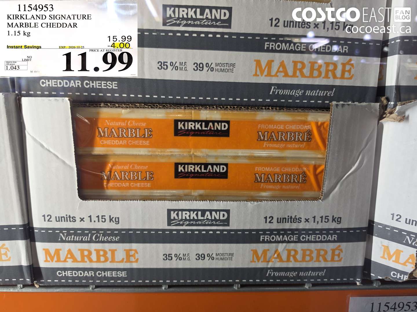 1154953 KIRKLAND SIGNATURE MARBLE CHEDDAR 1.15 KG ($4.00 INSTANT SAVINGS EXPIRES ON 2026-10-25) $11.99