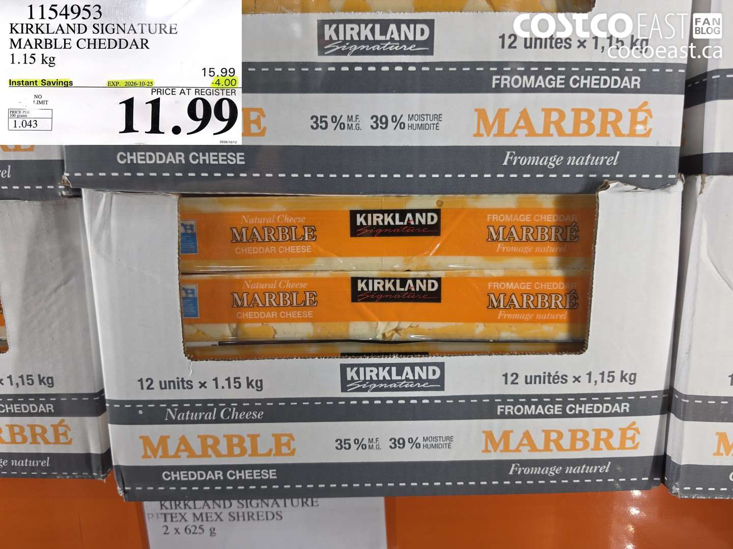 1154953 KIRKLAND SIGNATURE MARBLE CHEDDAR 1.15 KG ($4.00 INSTANT SAVINGS EXPIRES ON 2026-10-25) $11.99
